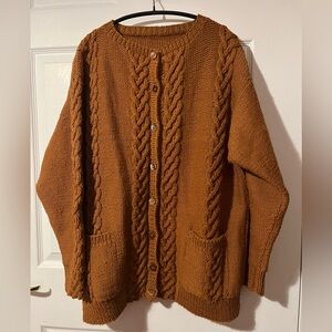 Hand knit cable acrylic button front cardigan sweater, pockets, burnt orange, XL